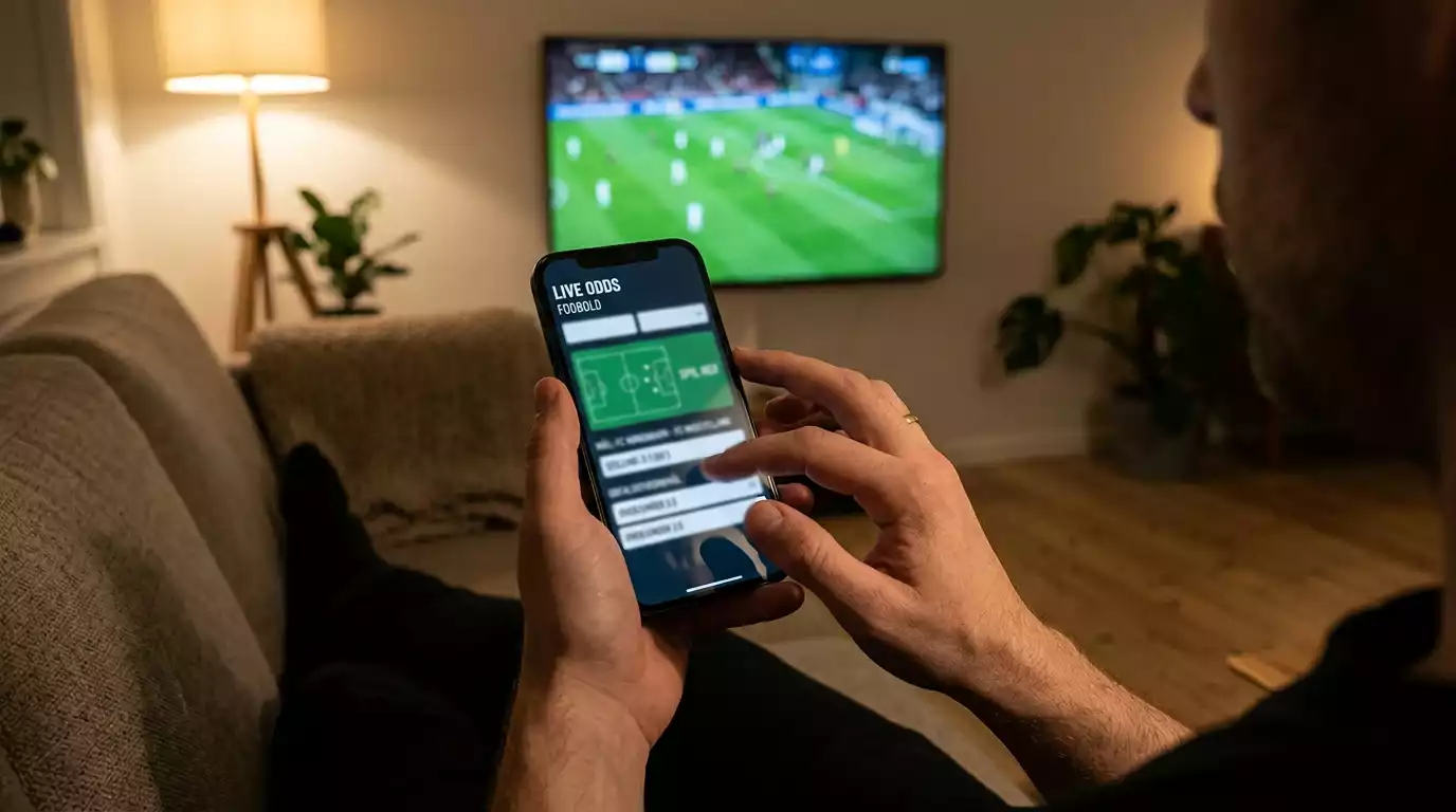 Mobil betting-app i brug hos en dansk spiller under en fodboldkamp